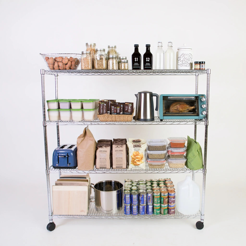 Opbergrek met verchroomd frame, op wielen, met vier niveaus, kleur zilverkleurig en zwart