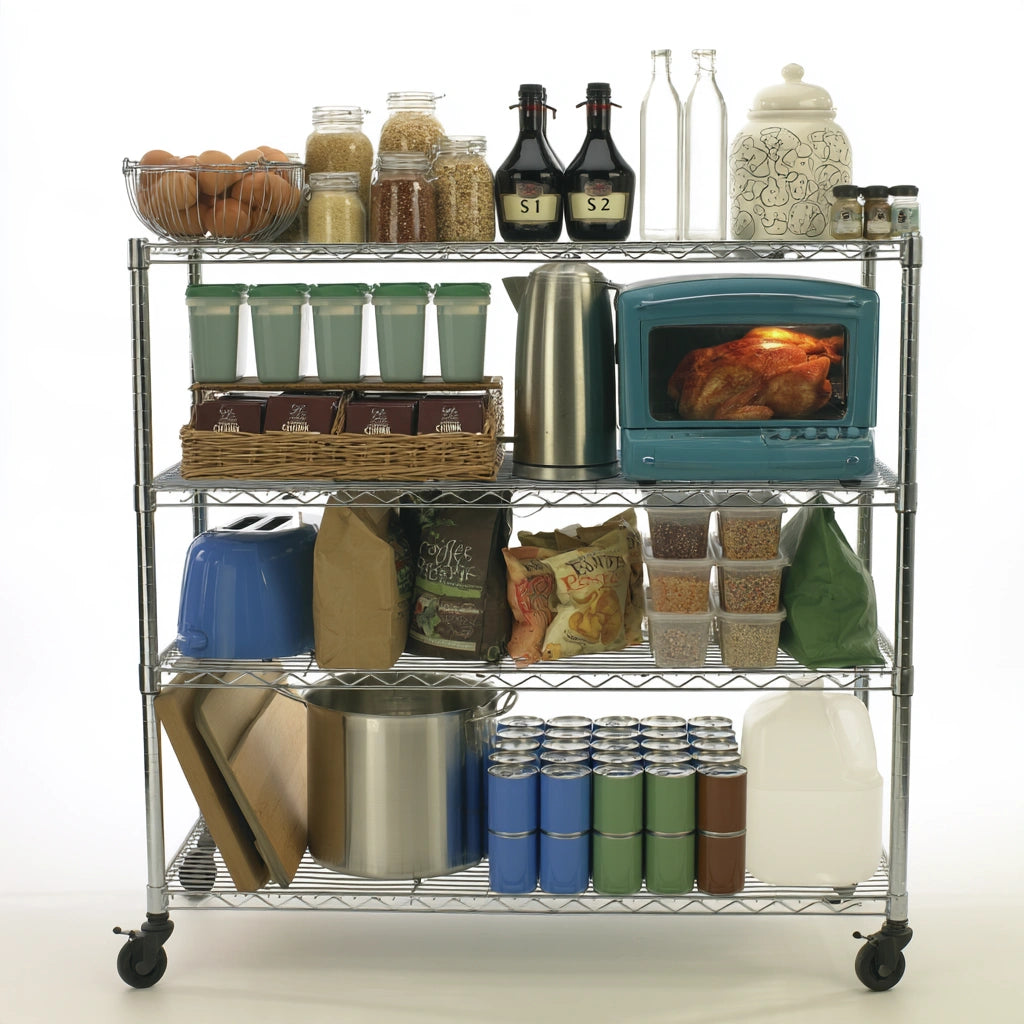 Opbergrek met verchroomd frame, op wielen, met vier niveaus, kleur zilverkleurig en zwart